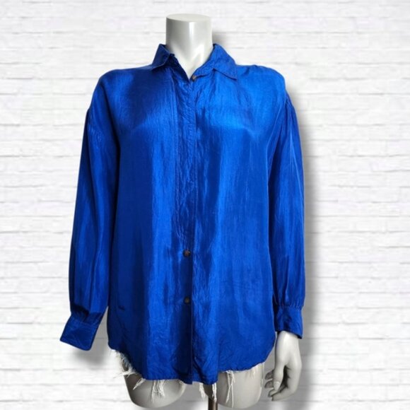 Vintage Express Irridescent Blue 100% Silk Button Down Shirt Size XS - Picture 2 of 14